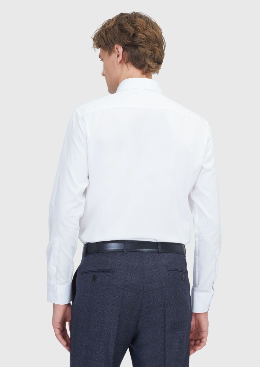 White Plain Slim Fit Long Weaving Classical 100% Cotton Shirt - 5