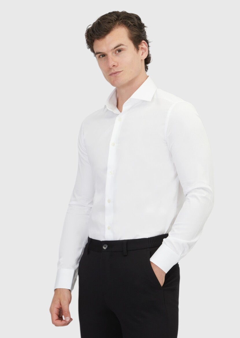 White Plain Slim Fit Long Weaving Classical 100% Cotton Shirt 