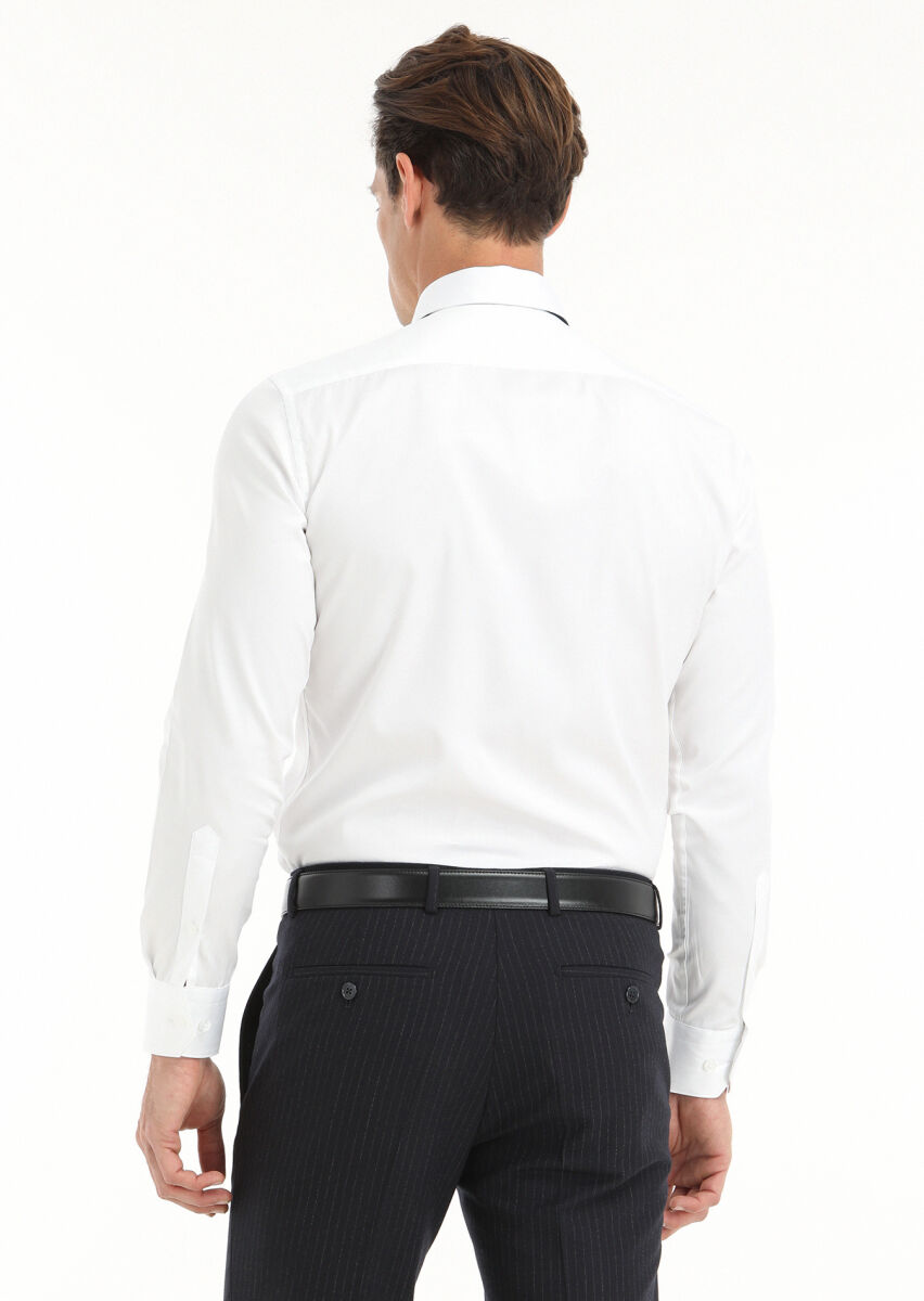 White Plain Slim Fit Long Weaving Classical 100% Cotton Shirt - 4