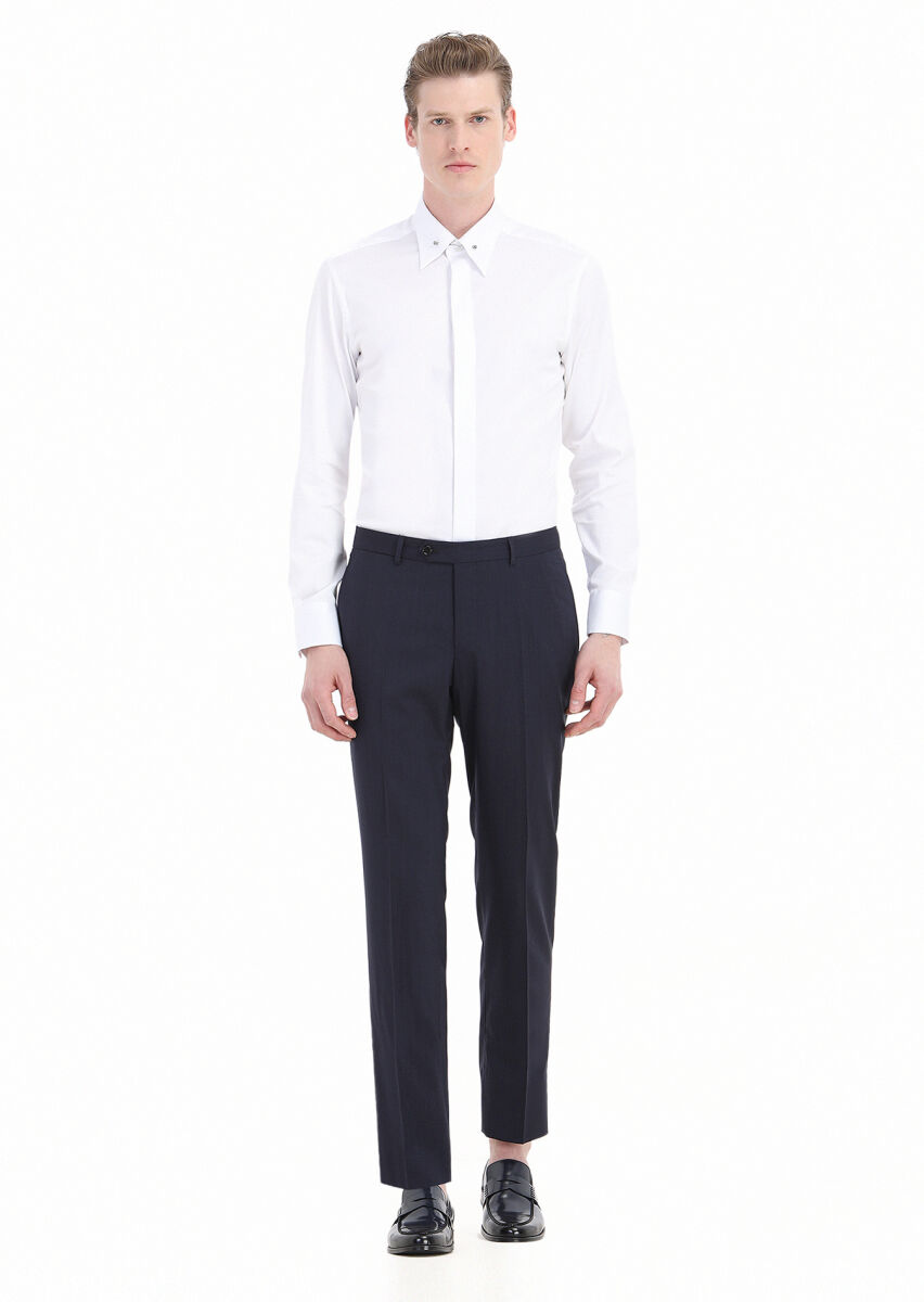 White Plain Slim Fit Long Weaving Classical Cotton Blended Shirt - 1