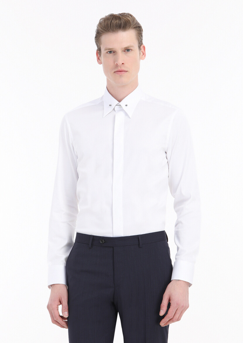 White Plain Slim Fit Long Weaving Classical Cotton Blended Shirt - 2