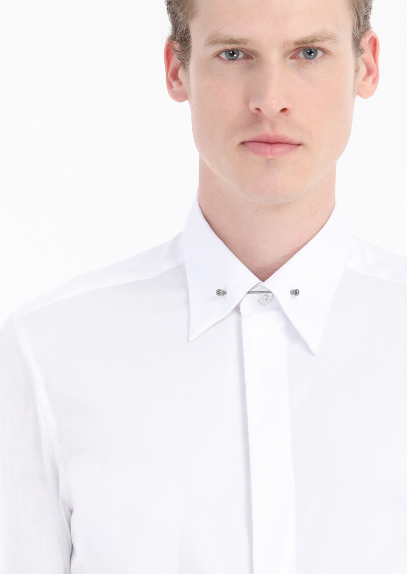 White Plain Slim Fit Long Weaving Classical Cotton Blended Shirt - 3