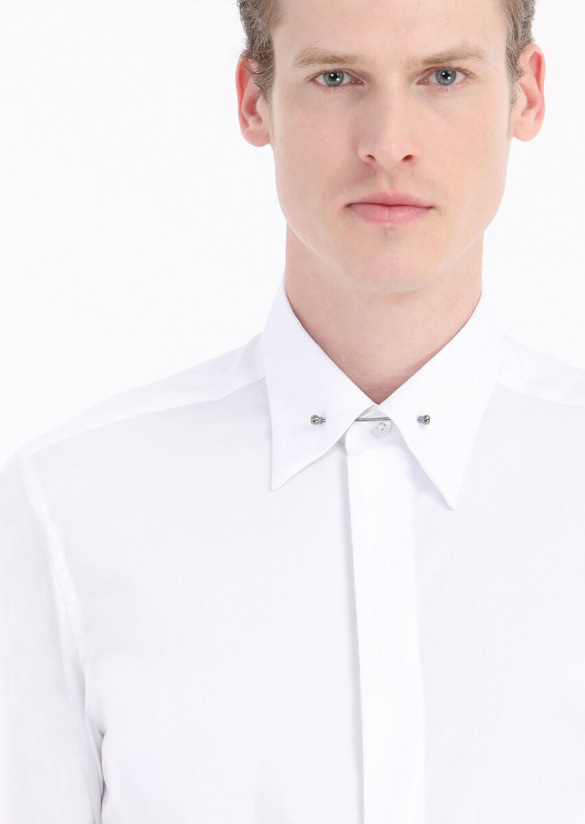 White Plain Slim Fit Long Weaving Classical Cotton Blended Shirt - 3