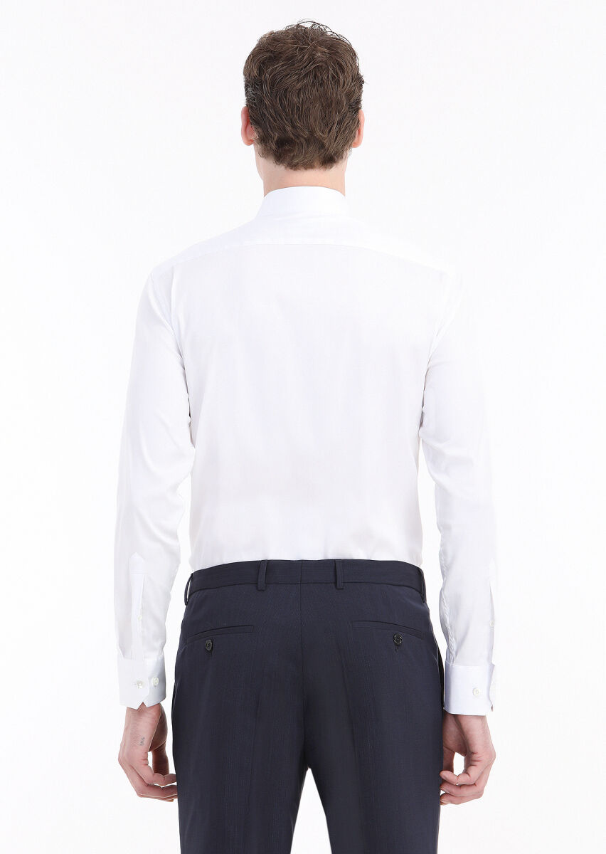 White Plain Slim Fit Long Weaving Classical Cotton Blended Shirt - 4