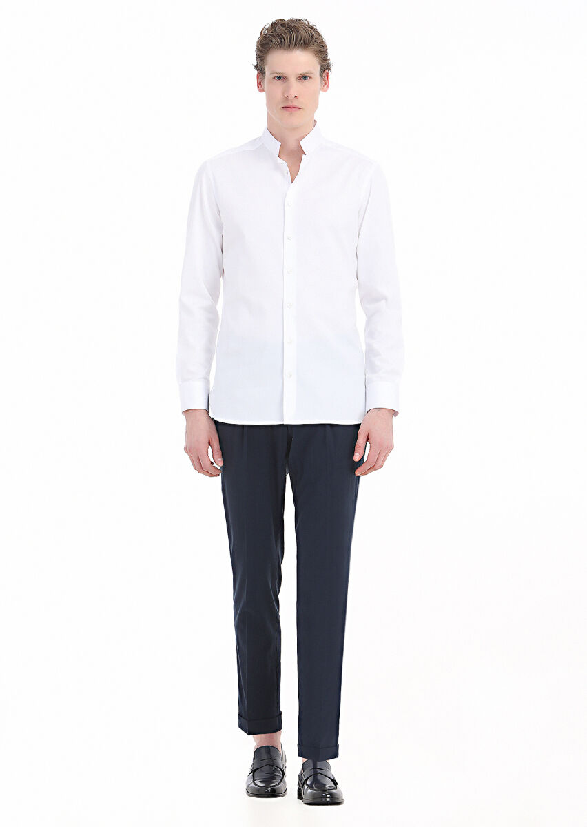 White Plain Slim Fit Long Weaving Classical Cotton Blended Shirt - 1