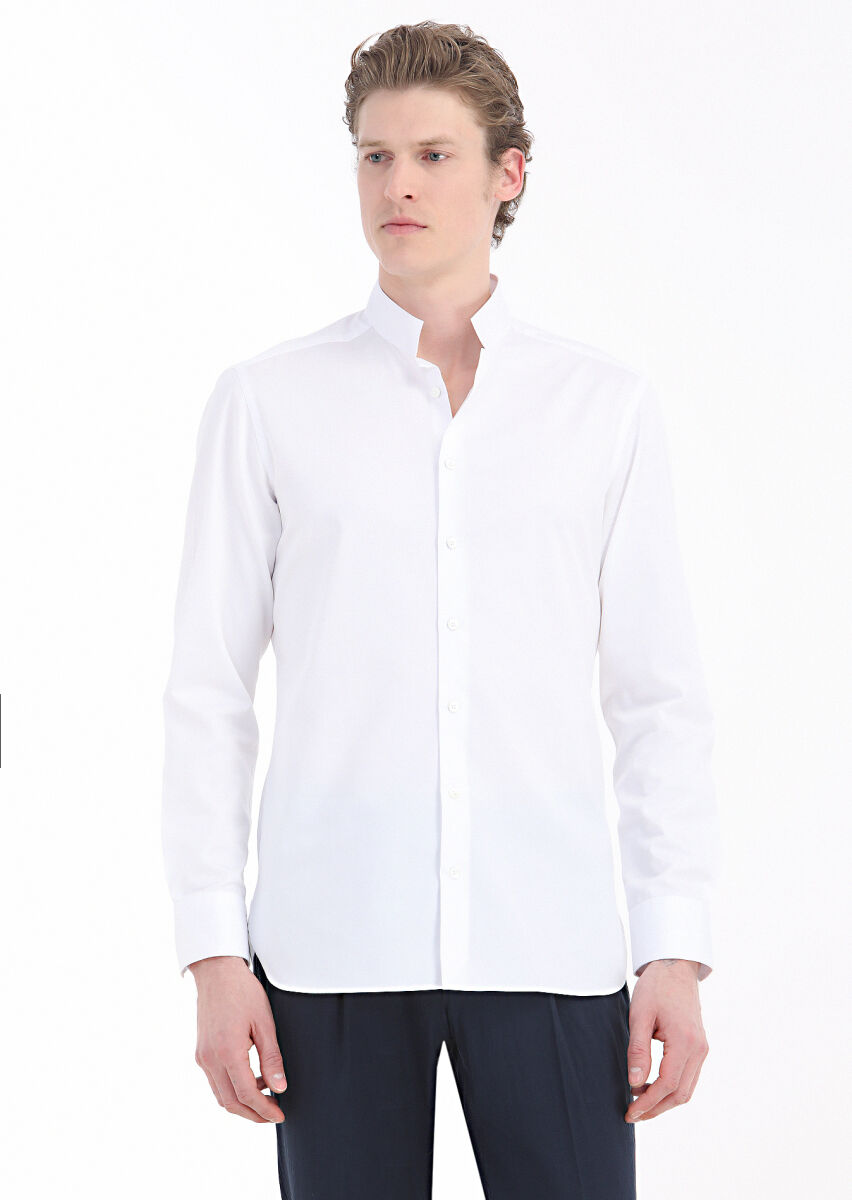 White Plain Slim Fit Long Weaving Classical Cotton Blended Shirt - 2