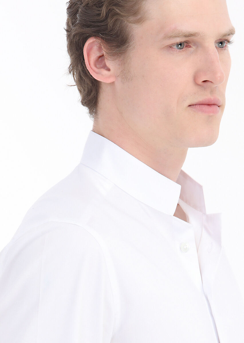 White Plain Slim Fit Long Weaving Classical Cotton Blended Shirt - 5