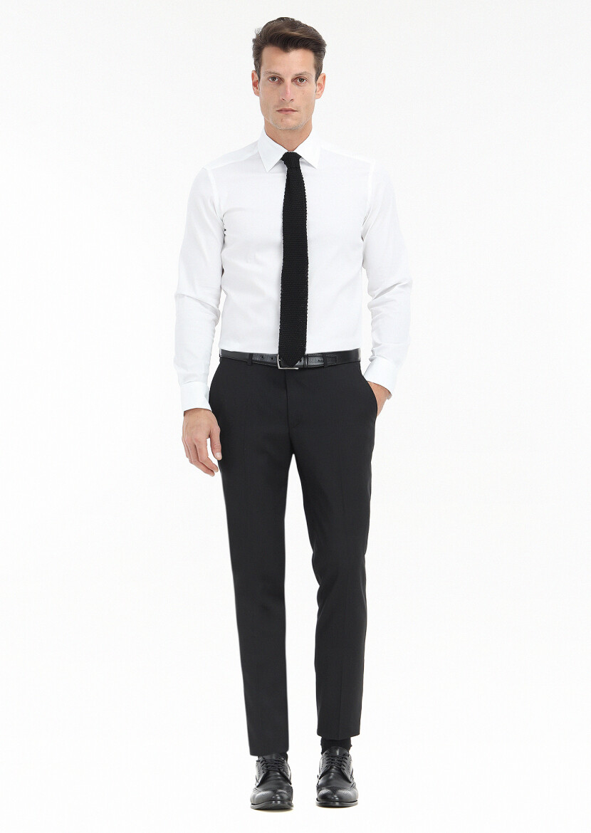 White Plain Slim Fit Long Weaving Classical Cotton Blended Shirt 