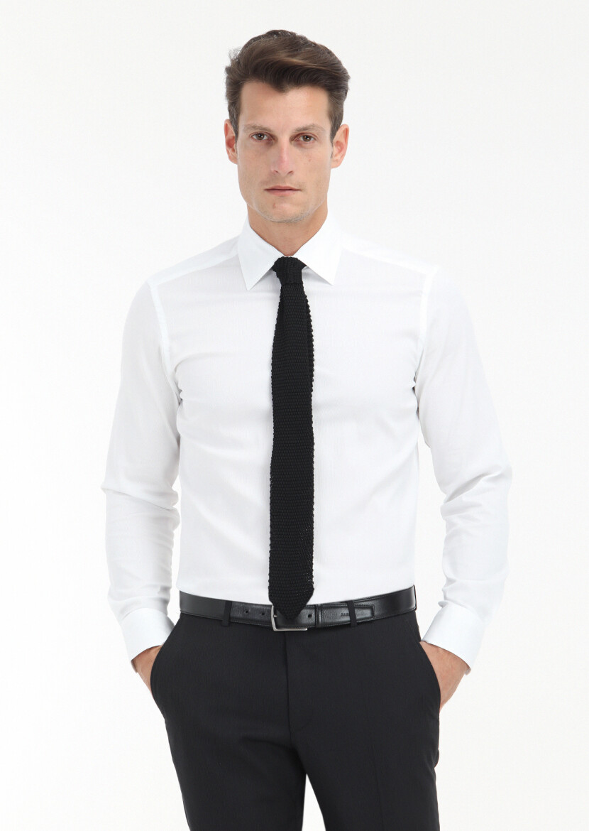 White Plain Slim Fit Long Weaving Classical Cotton Blended Shirt 