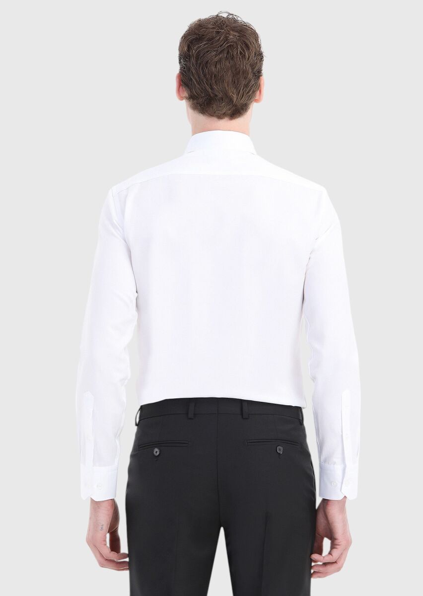 White Plain Slim Fit Long Weaving Classical Cotton Blended Shirt - 4