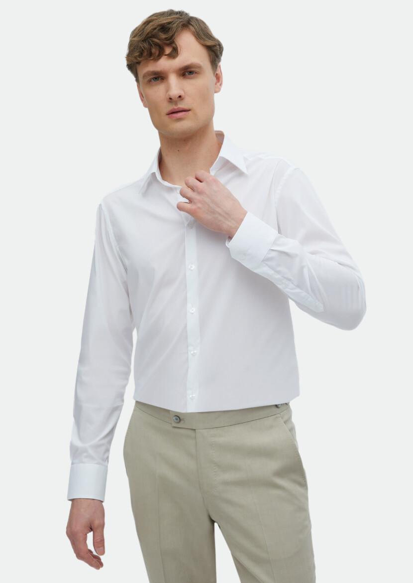 White Plain Slim Fit Long Weaving Classical Shirt - 3