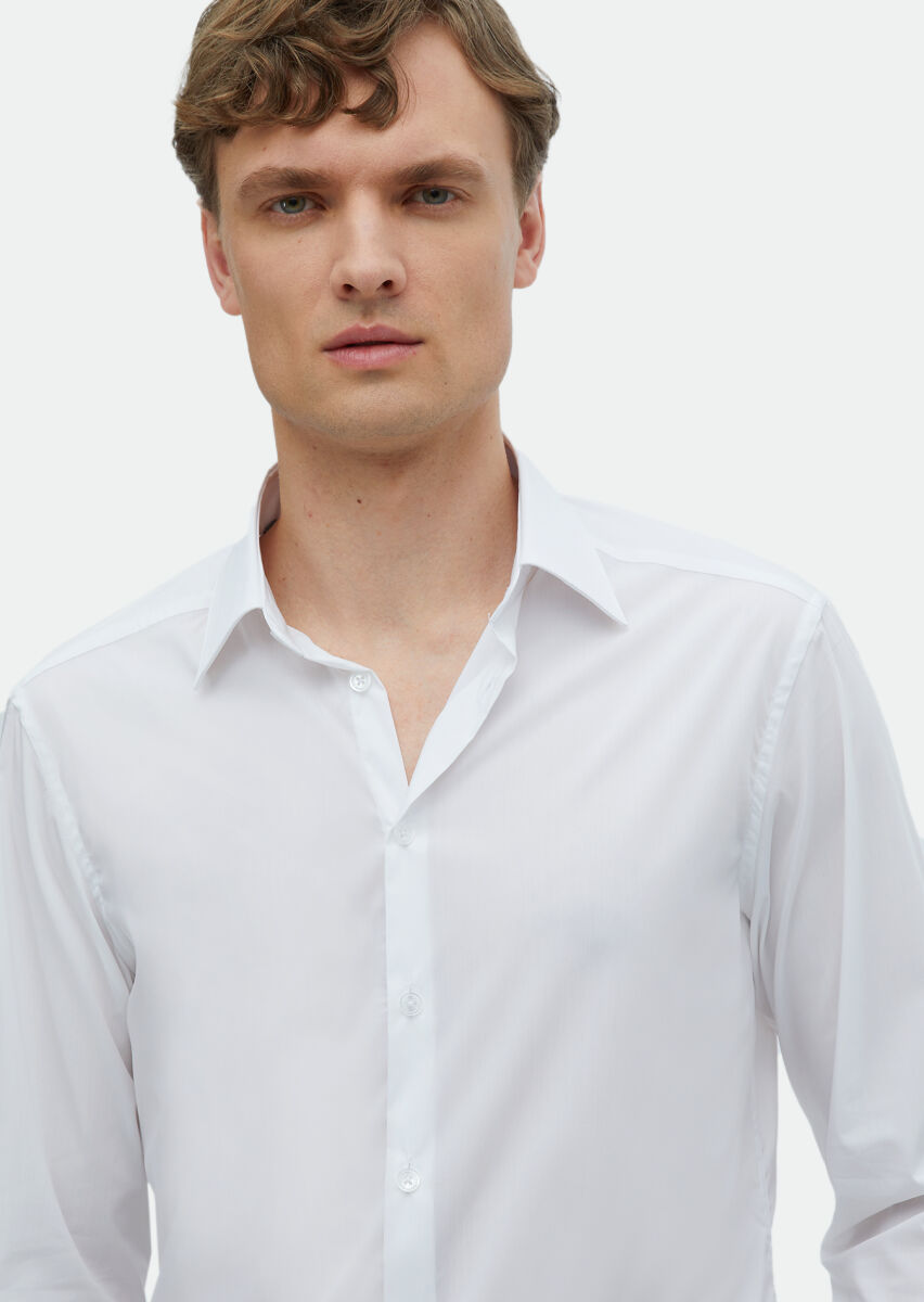 White Plain Slim Fit Long Weaving Classical Shirt - 4