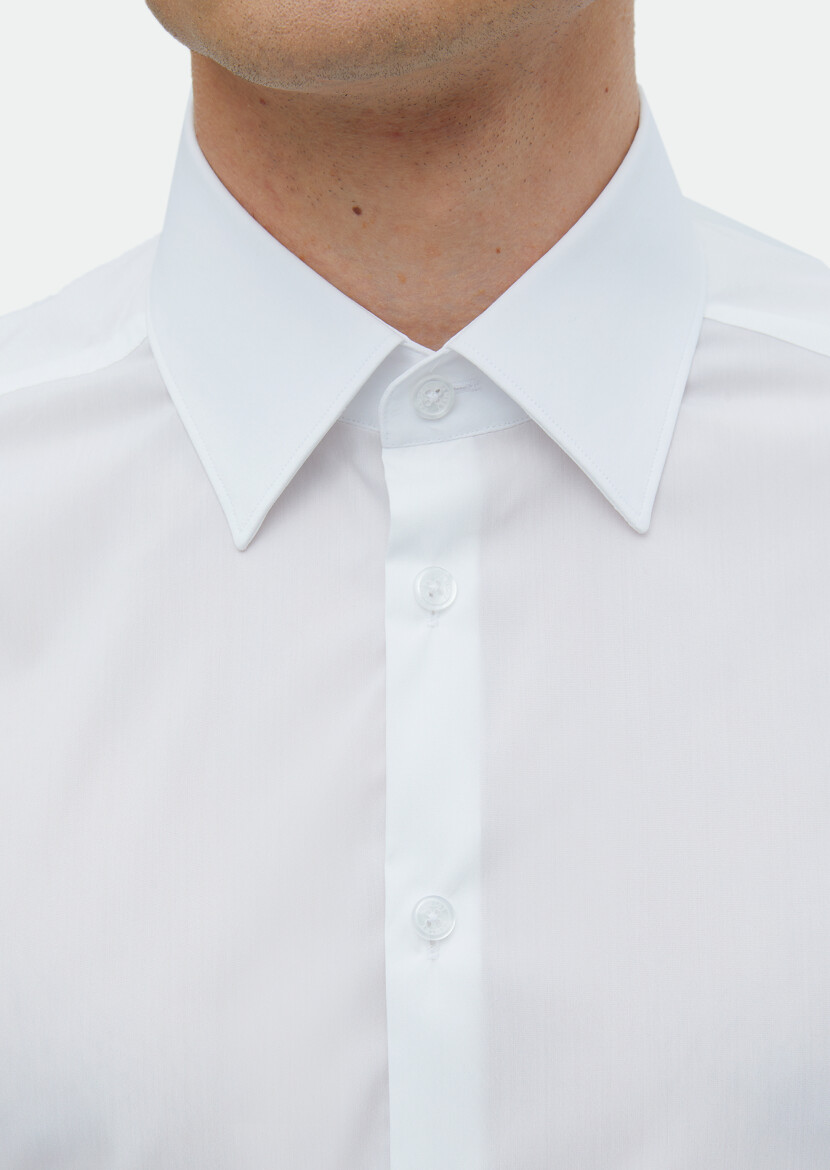 White Plain Slim Fit Long Weaving Classical Shirt - 5