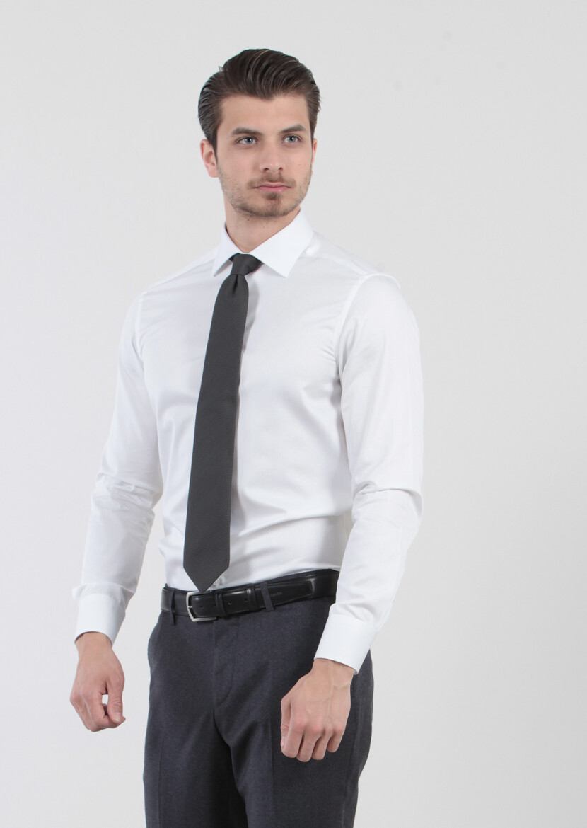 White Plain Slim Fit Weaving Classical 100% Cotton Shirt - 1