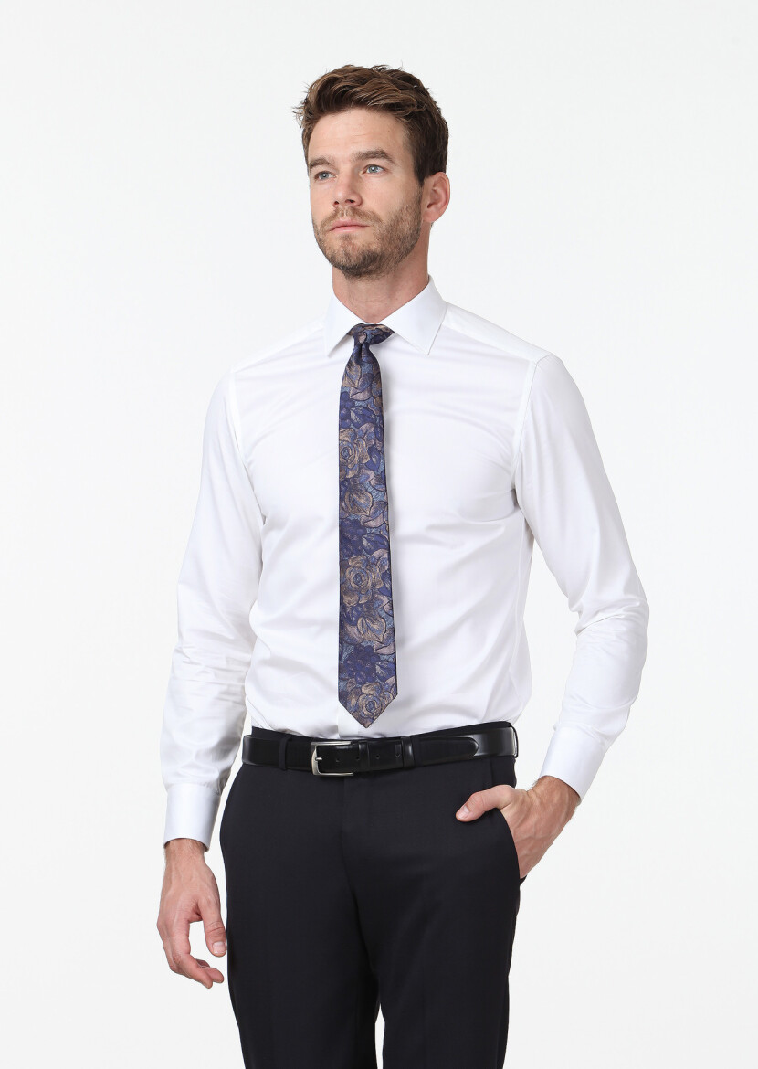 White Plain Slim Fit Weaving Classical 100% Cotton Shirt - 1