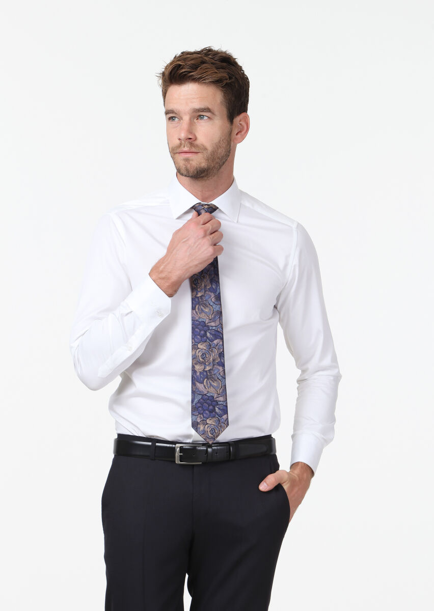 White Plain Slim Fit Weaving Classical 100% Cotton Shirt - 3