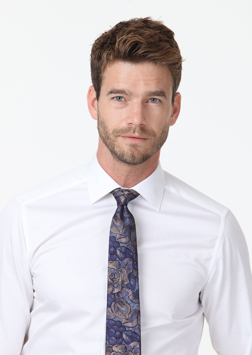 White Plain Slim Fit Weaving Classical 100% Cotton Shirt - 4