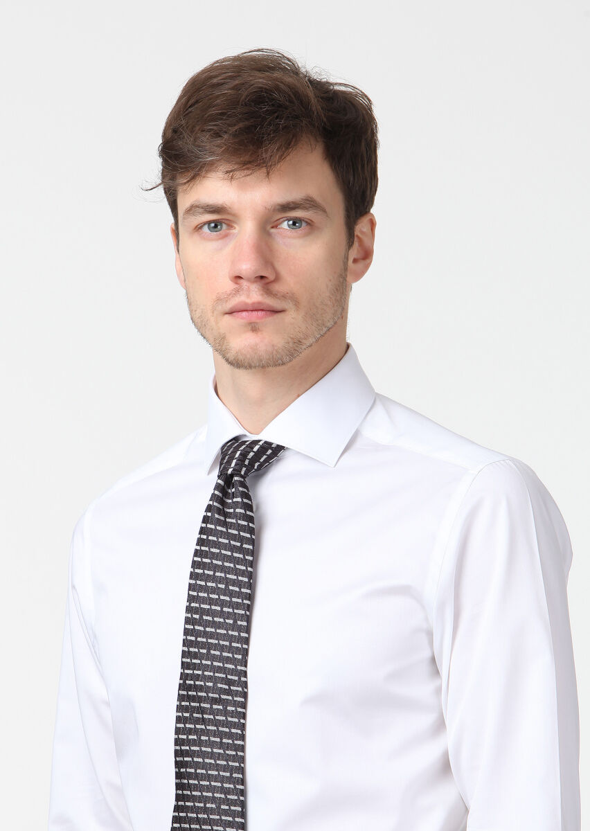 White Plain Slim Fit Weaving Classical 100% Cotton Shirt - 3