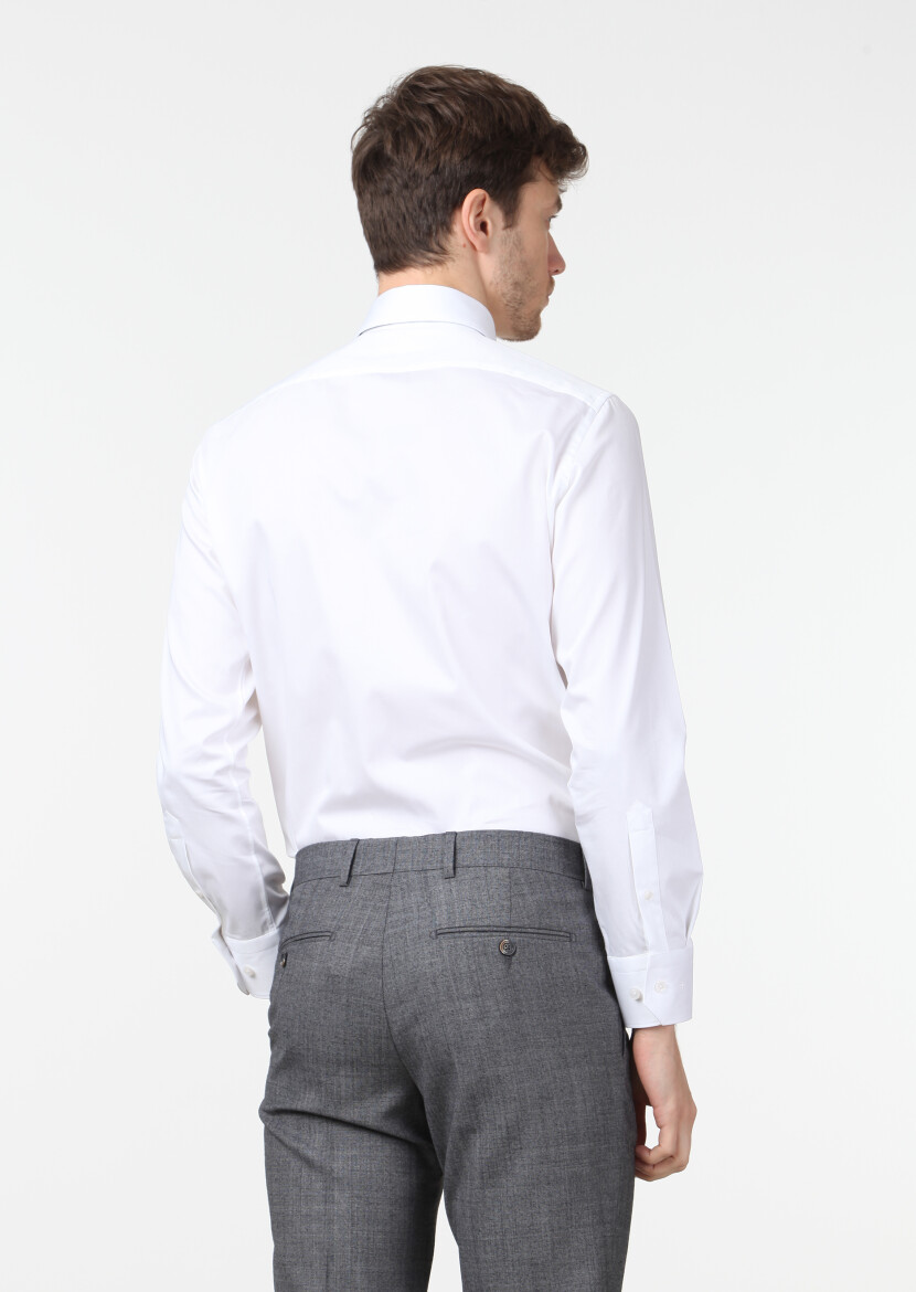 White Plain Slim Fit Weaving Classical 100% Cotton Shirt - 4