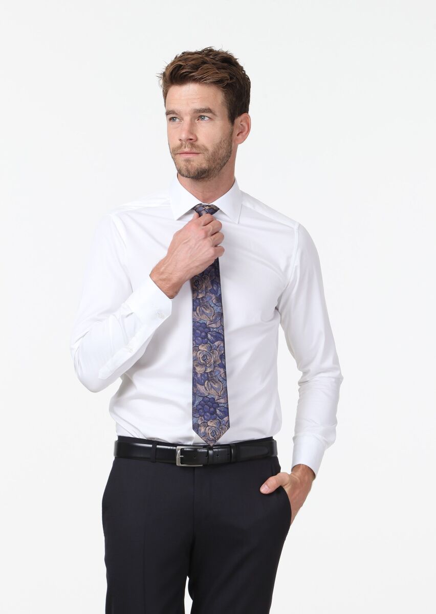 White Plain Slim Fit Weaving Classical 100% Cotton Shirt - 1