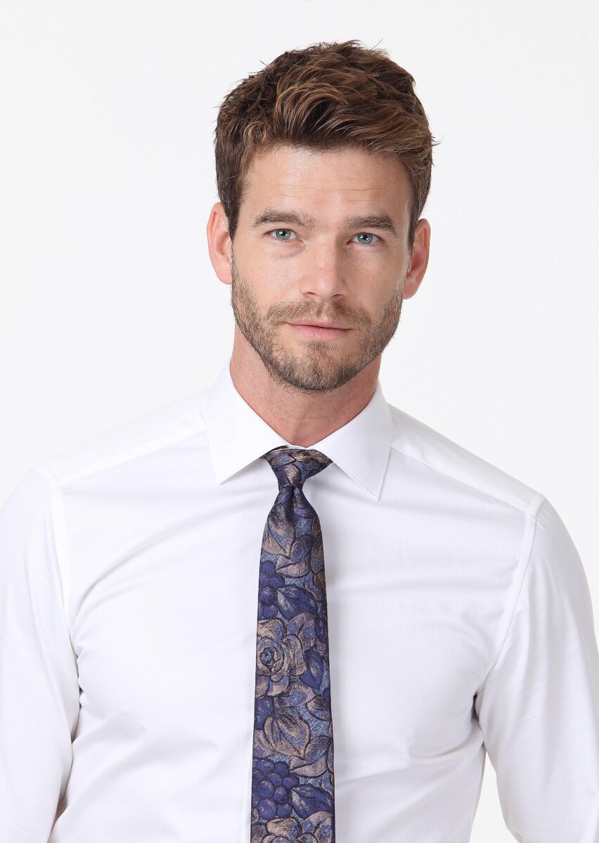 White Plain Slim Fit Weaving Classical 100% Cotton Shirt - 1