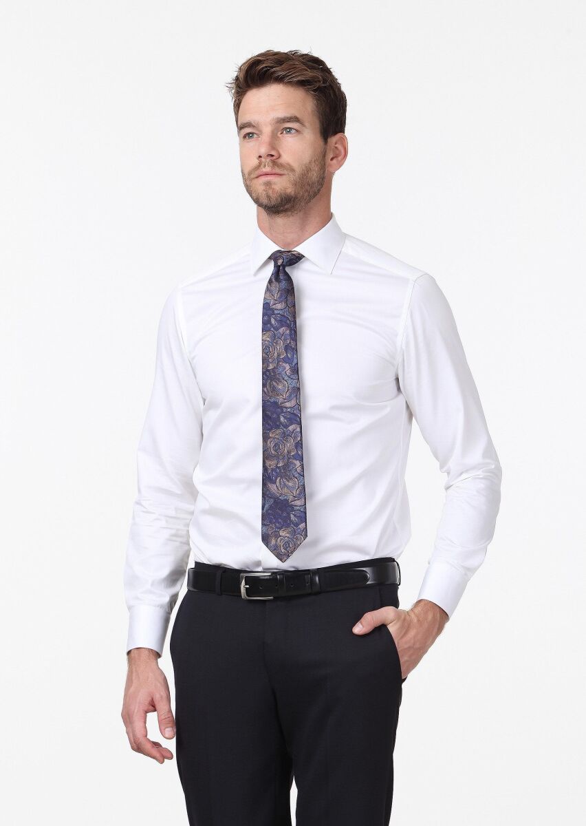 White Plain Slim Fit Weaving Classical 100% Cotton Shirt - 3