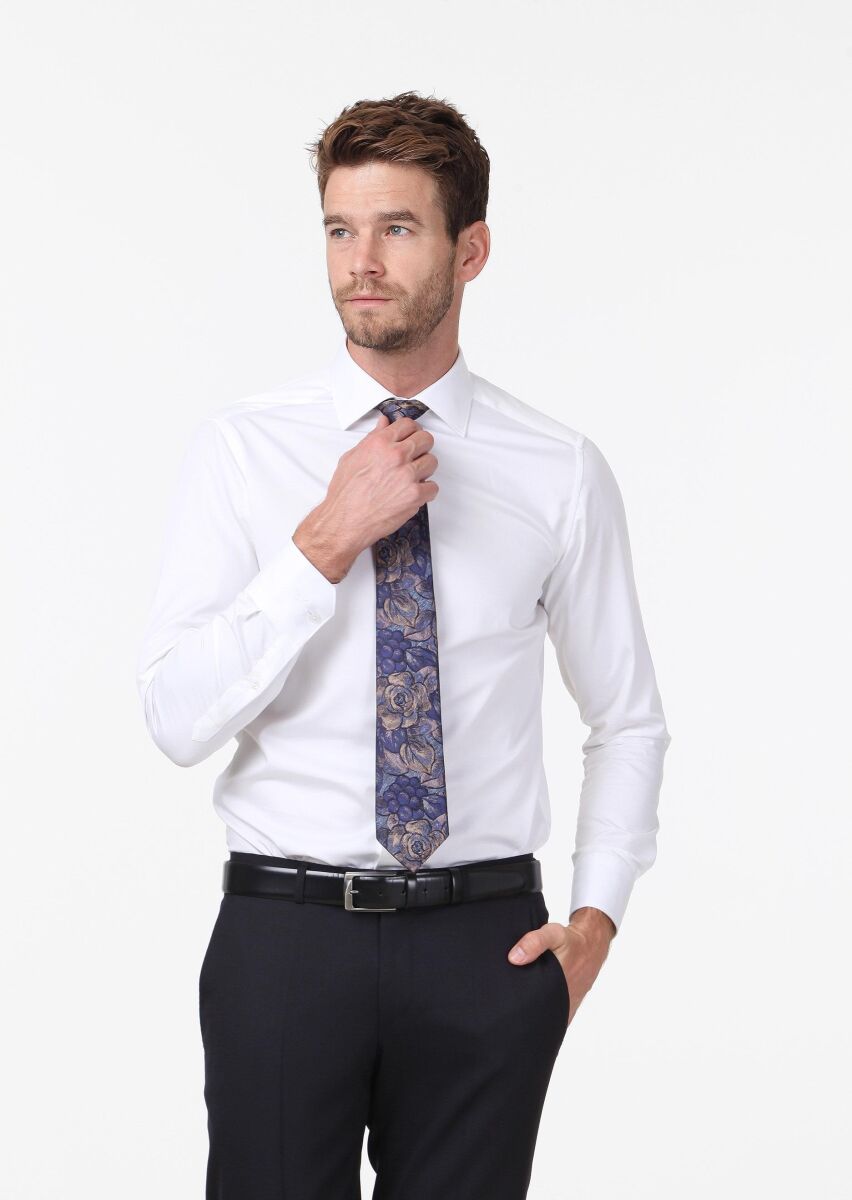 White Plain Slim Fit Weaving Classical 100% Cotton Shirt - 4