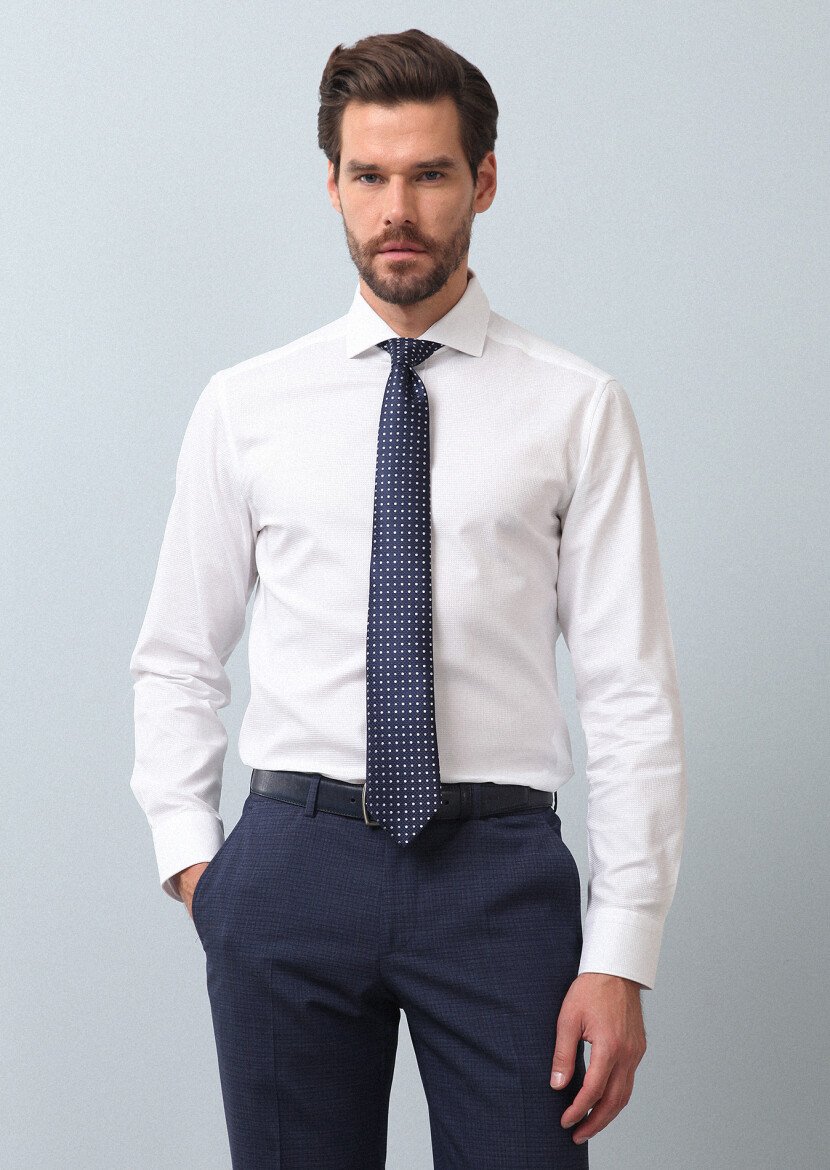 White Plain Slim Fit Weaving Classical 100% Cotton Shirt - 4