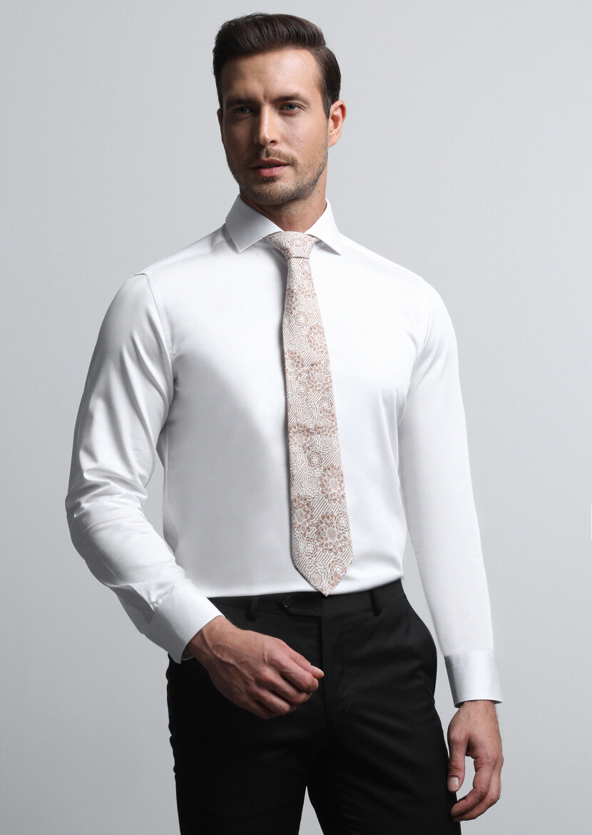 White Plain Slim Fit Weaving Classical 100% Cotton Shirt - RAMSEY