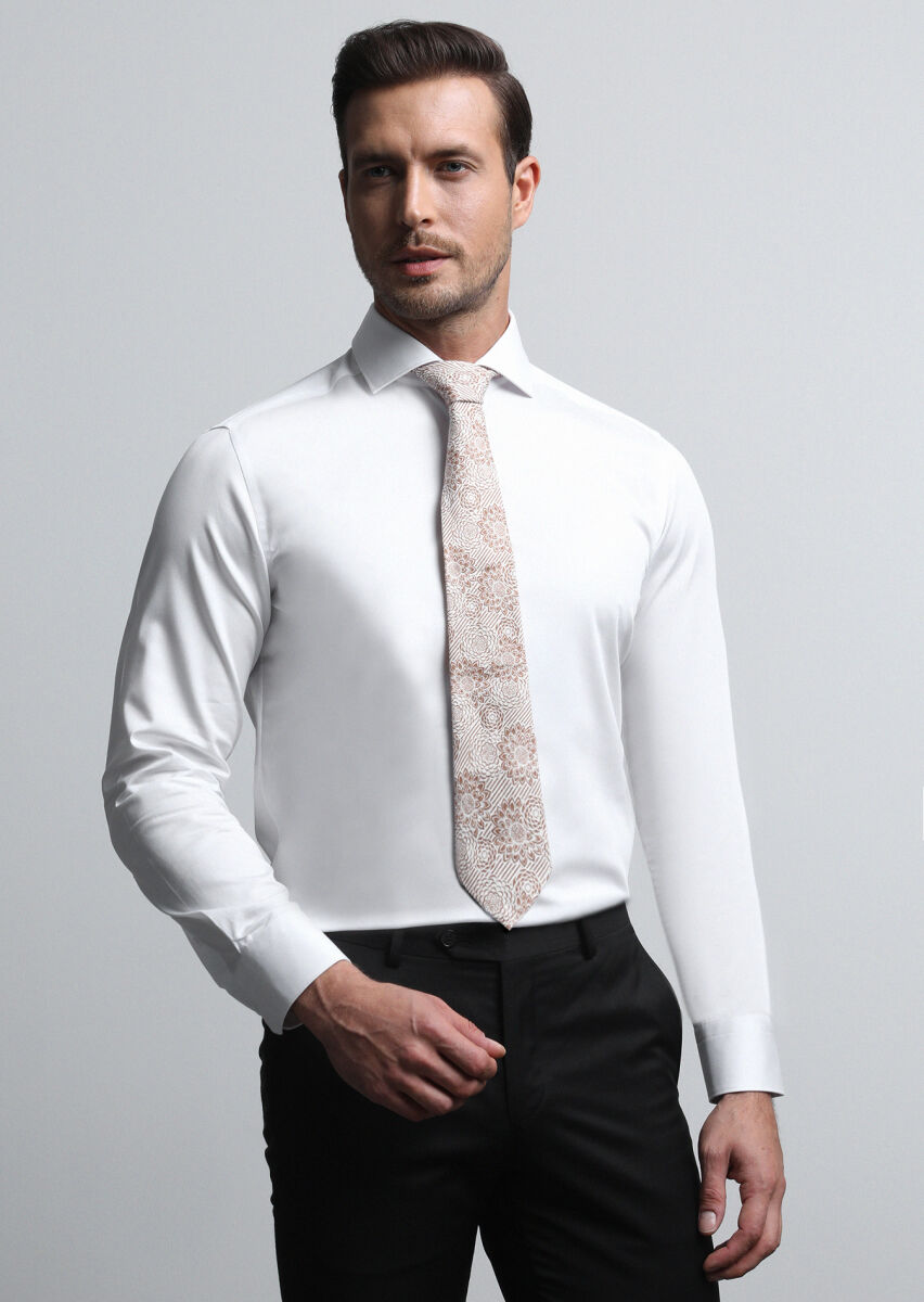 White Plain Slim Fit Weaving Classical 100% Cotton Shirt - 1