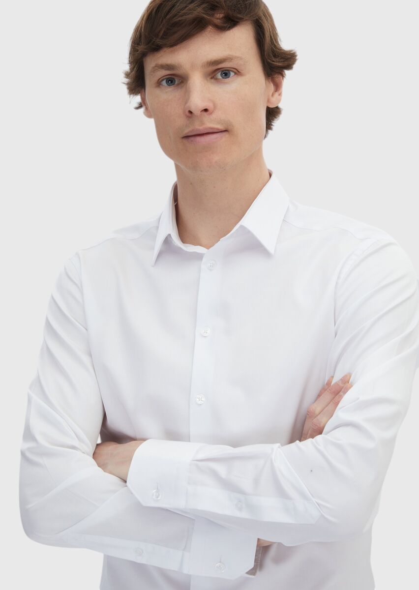 White Plain Slim Fit Weaving Classical 100% Cotton Shirt - 3