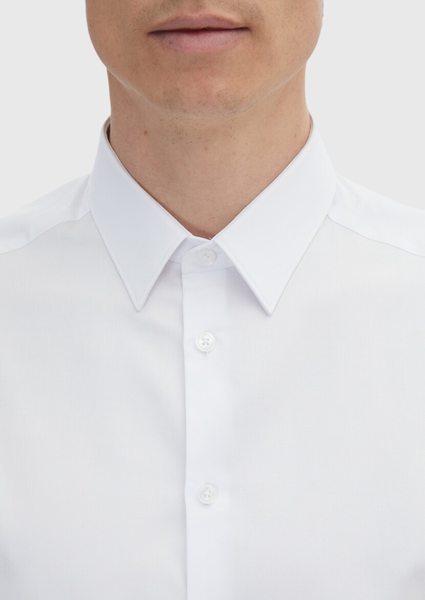 White Plain Slim Fit Weaving Classical 100% Cotton Shirt - 4