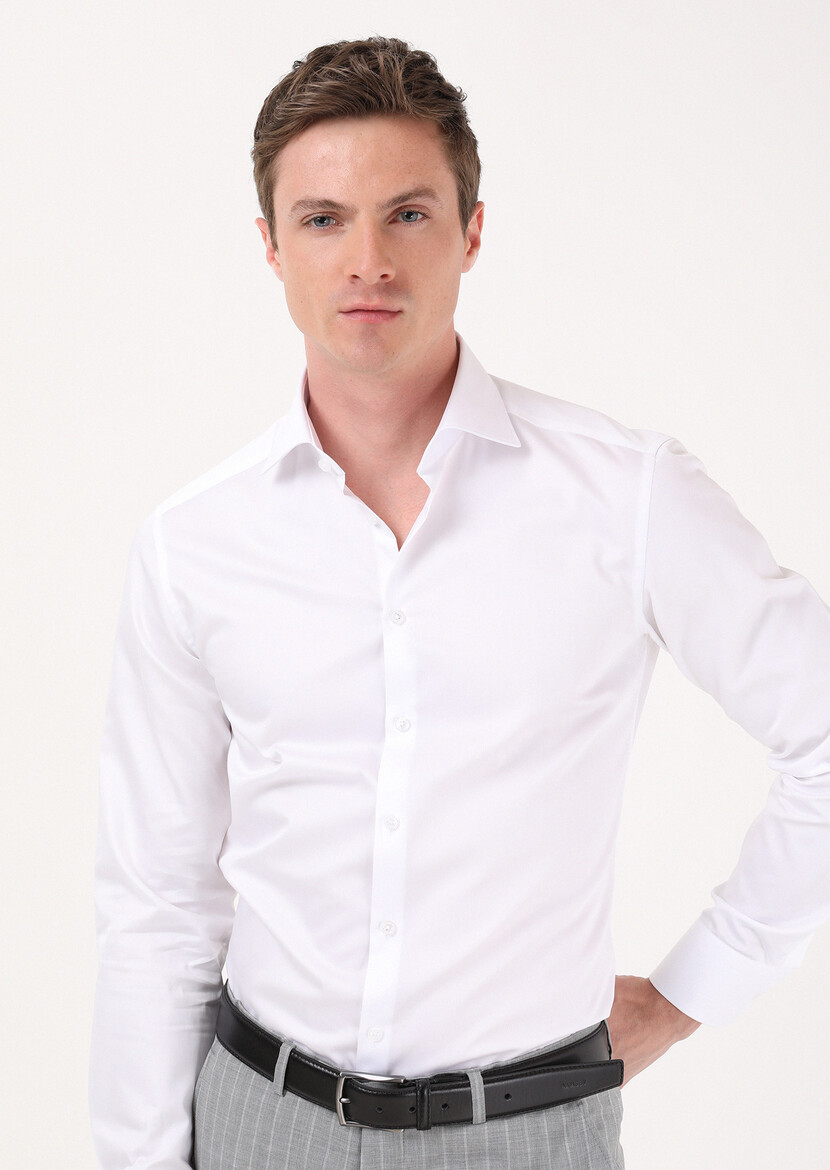 White Plain Slim Fit Weaving Classical 100% Cotton Shirt - 2