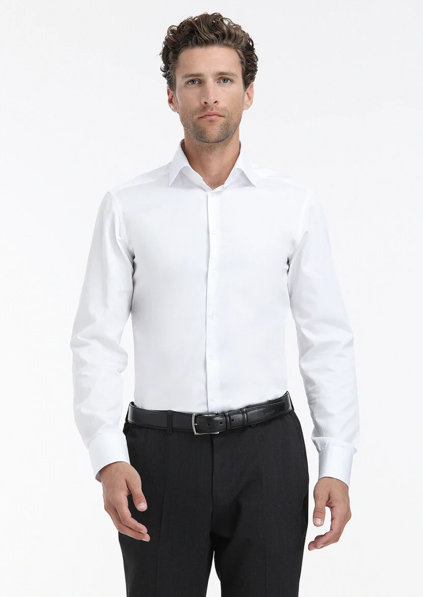 White Plain Slim Fit Weaving Classical 100% Cotton Shirt - RAMSEY