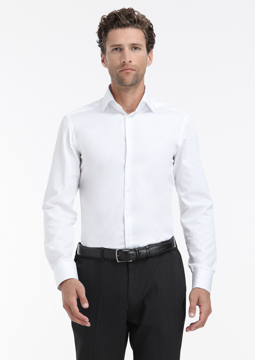 White Plain Slim Fit Weaving Classical 100% Cotton Shirt - RAMSEY