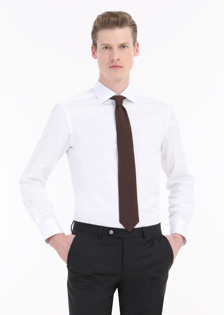 White Plain Slim Fit Weaving Classical 100% Cotton Shirt - 2