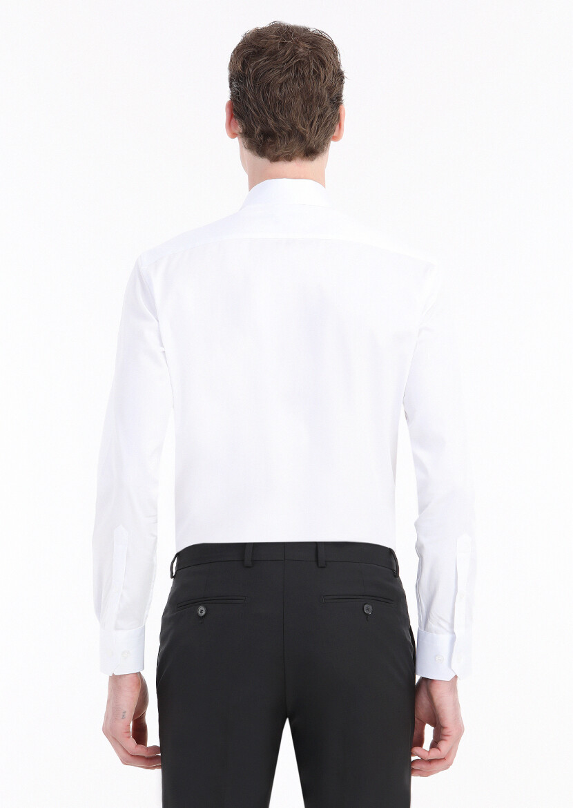 White Plain Slim Fit Weaving Classical 100% Cotton Shirt - 4