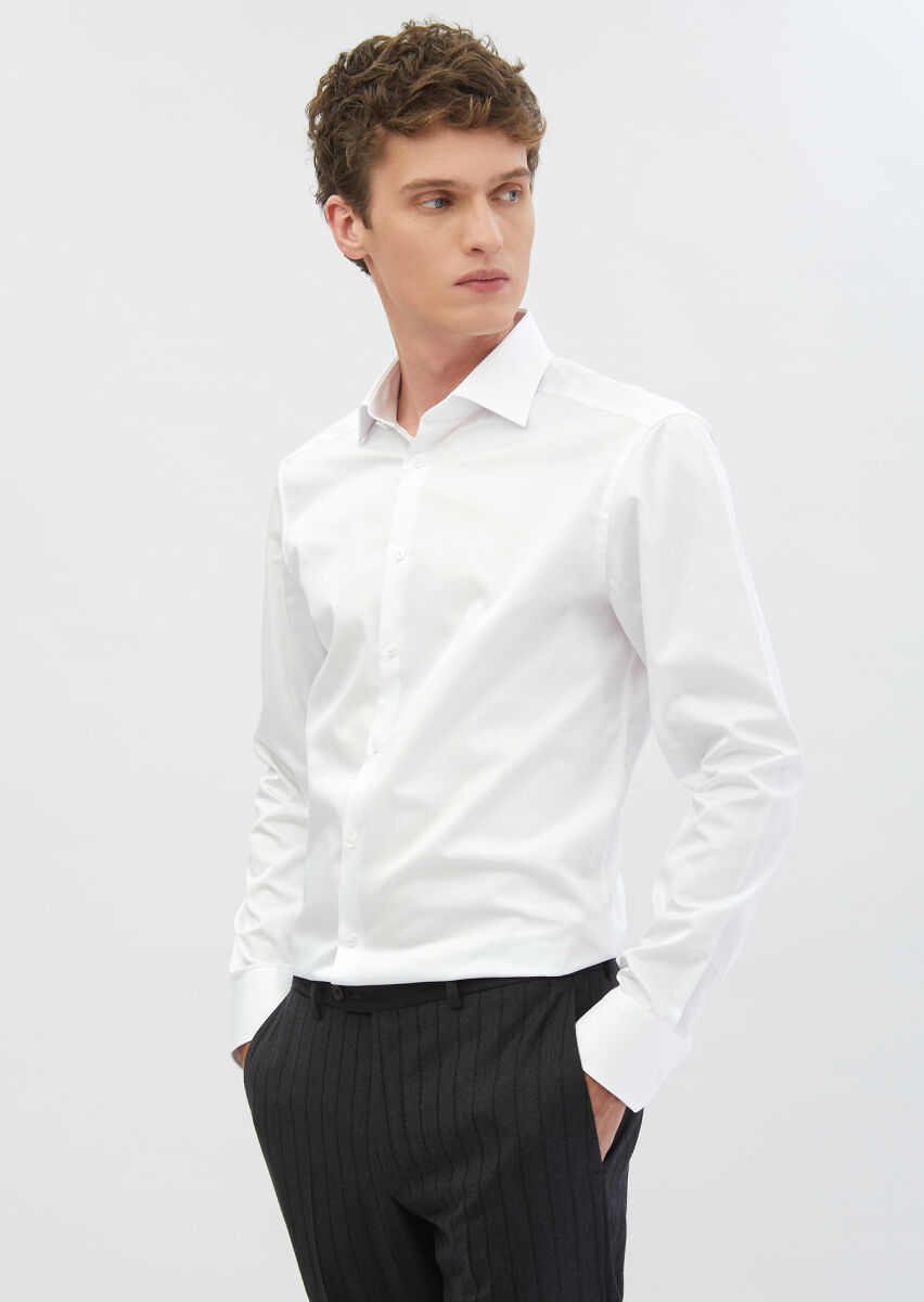 White Plain Slim Fit Weaving Classical 100% Cotton Shirt - 1