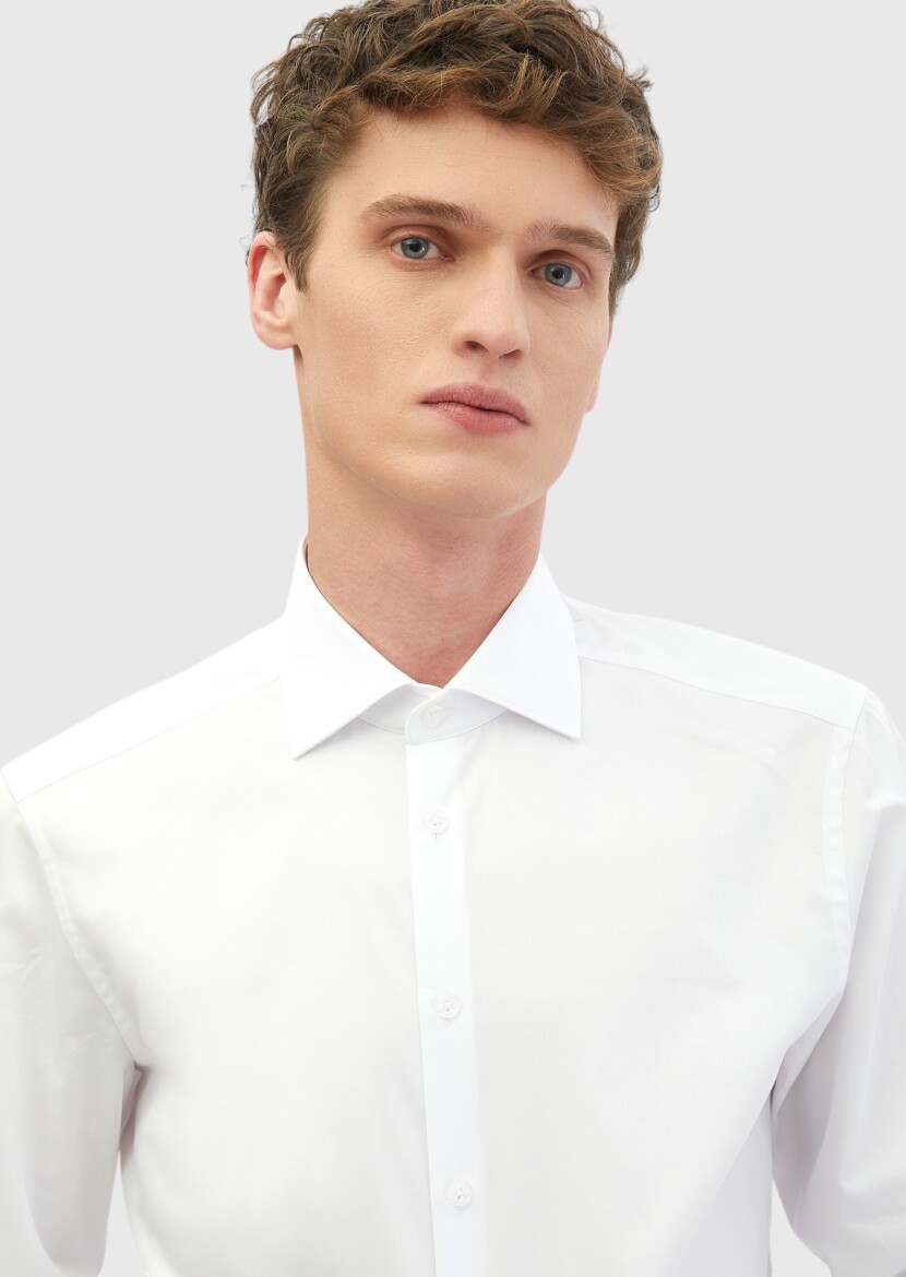 White Plain Slim Fit Weaving Classical 100% Cotton Shirt - 3