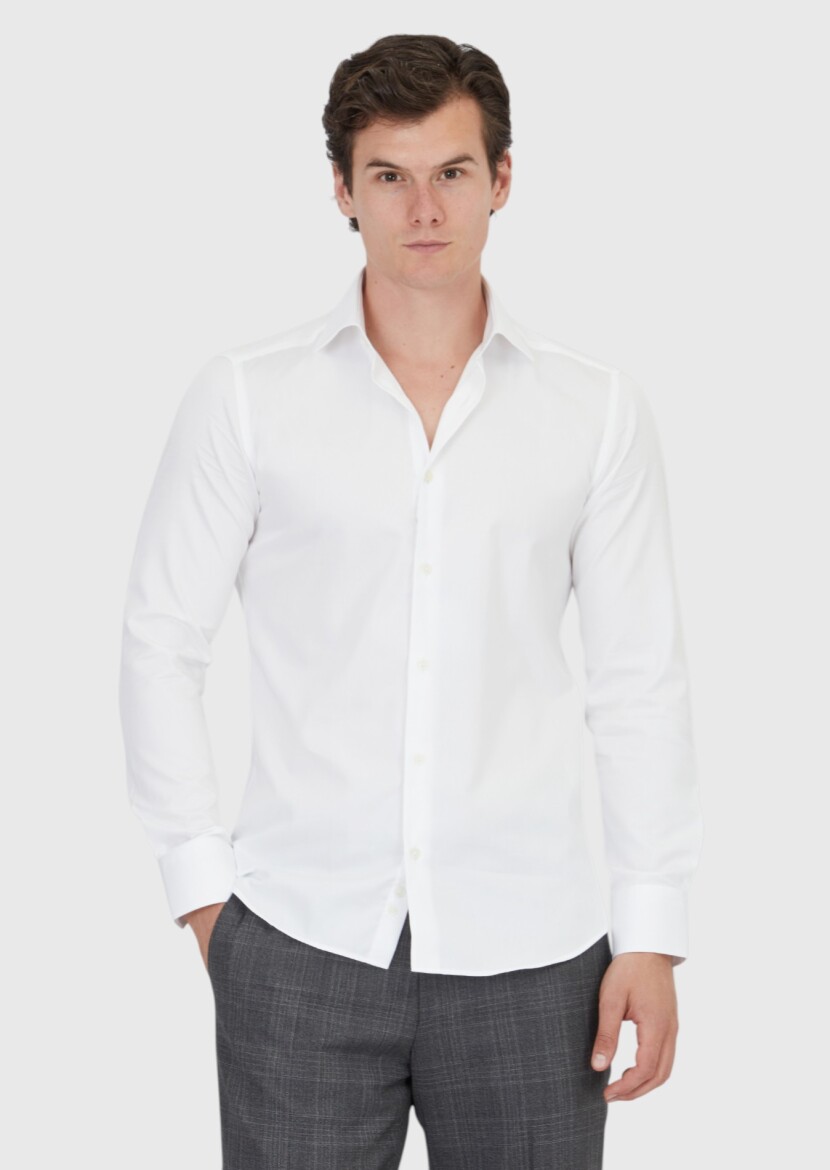White Plain Slim Fit Weaving Classical 100% Cotton Shirt - 3