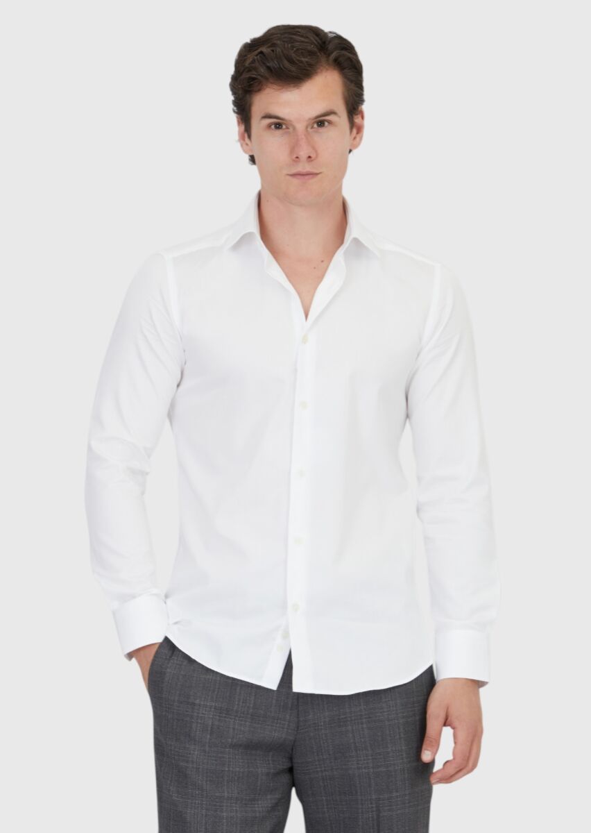 White Plain Slim Fit Weaving Classical 100% Cotton Shirt - 3