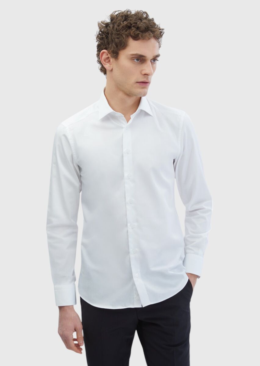 White Plain Slim Fit Weaving Classical 100% Cotton Shirt - 2