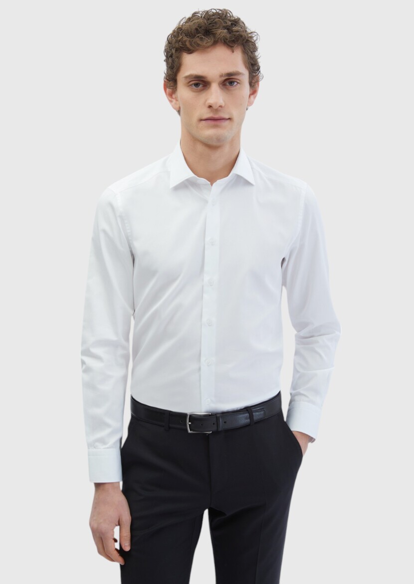White Plain Slim Fit Weaving Classical 100% Cotton Shirt 