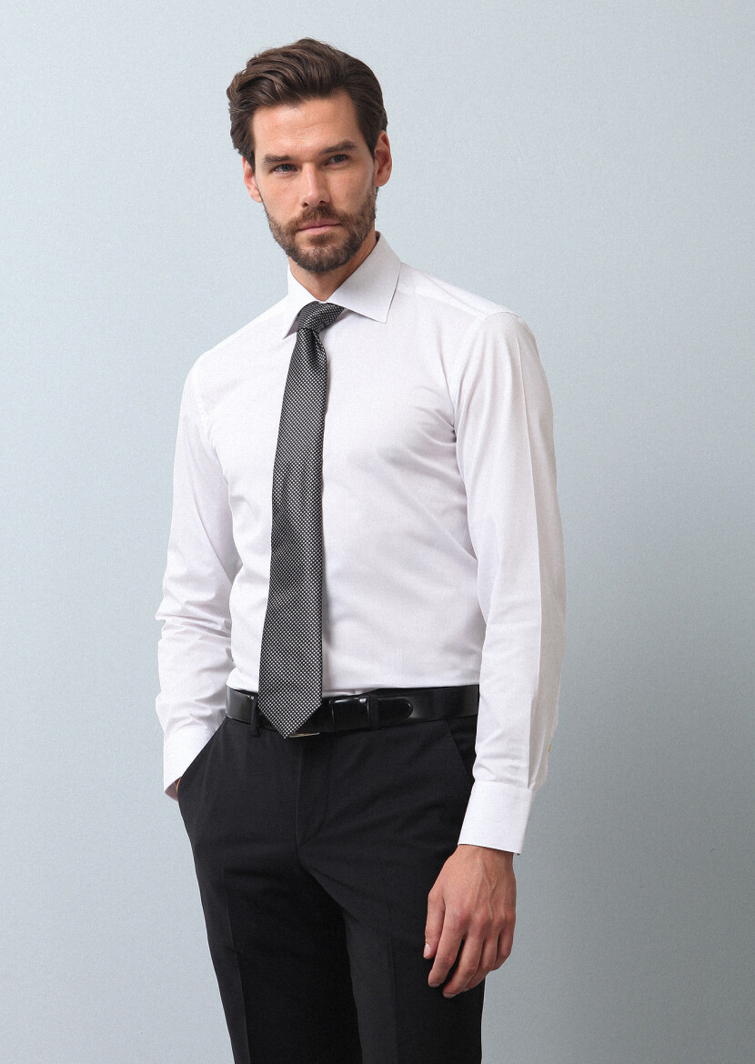 White Plain Slim Fit Weaving Classical Cotton Blended Shirt - 1