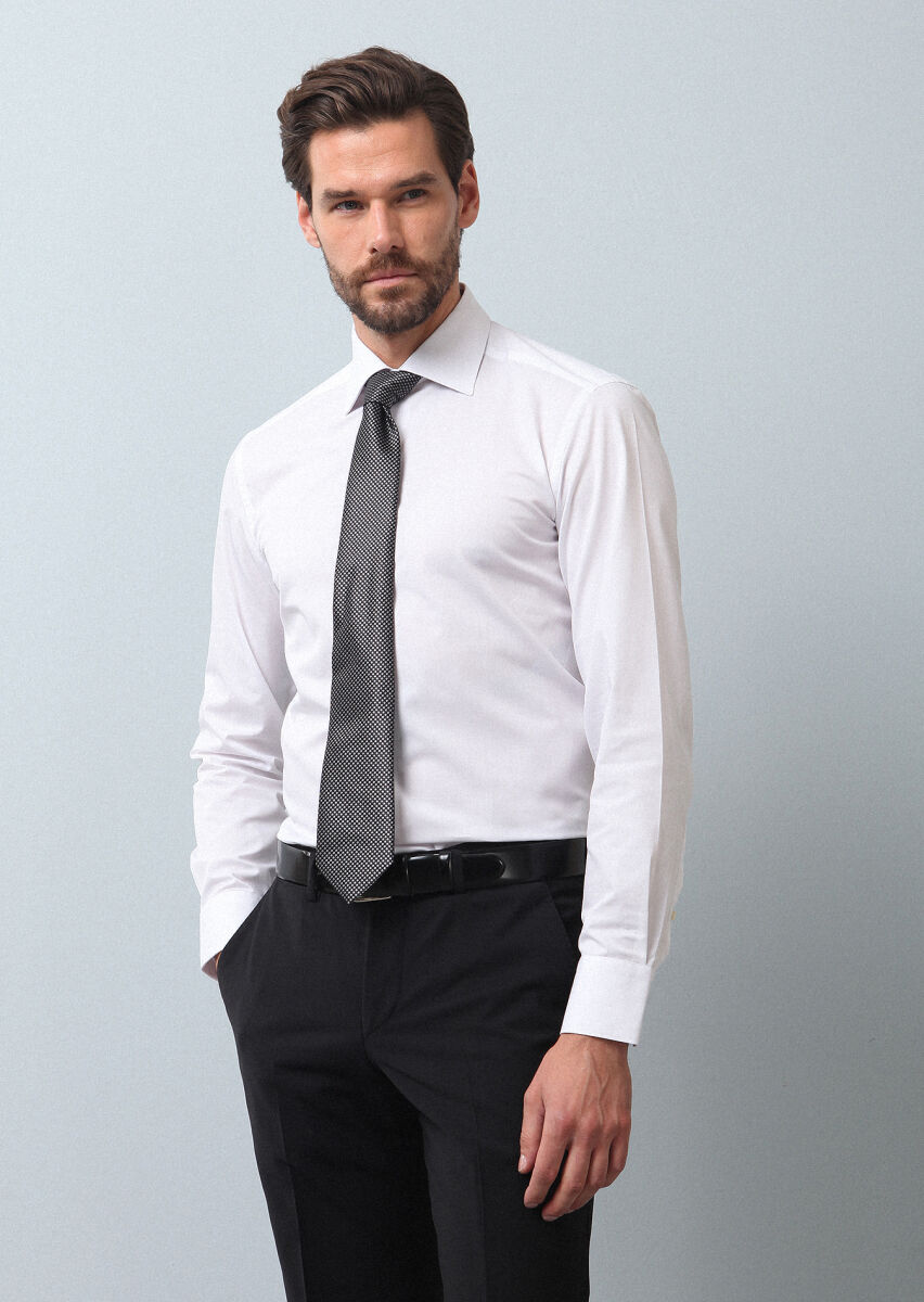 White Plain Slim Fit Weaving Classical Cotton Blended Shirt - 1