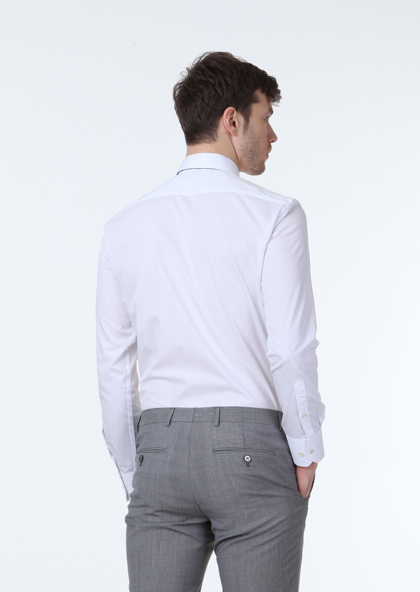 White Plain Slim Fit Weaving Classical Cotton Blended Shirt - 4