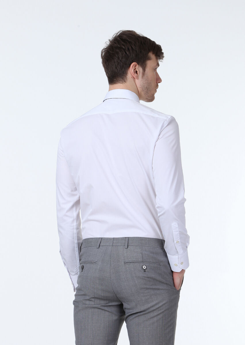 White Plain Slim Fit Weaving Classical Cotton Blended Shirt - 4