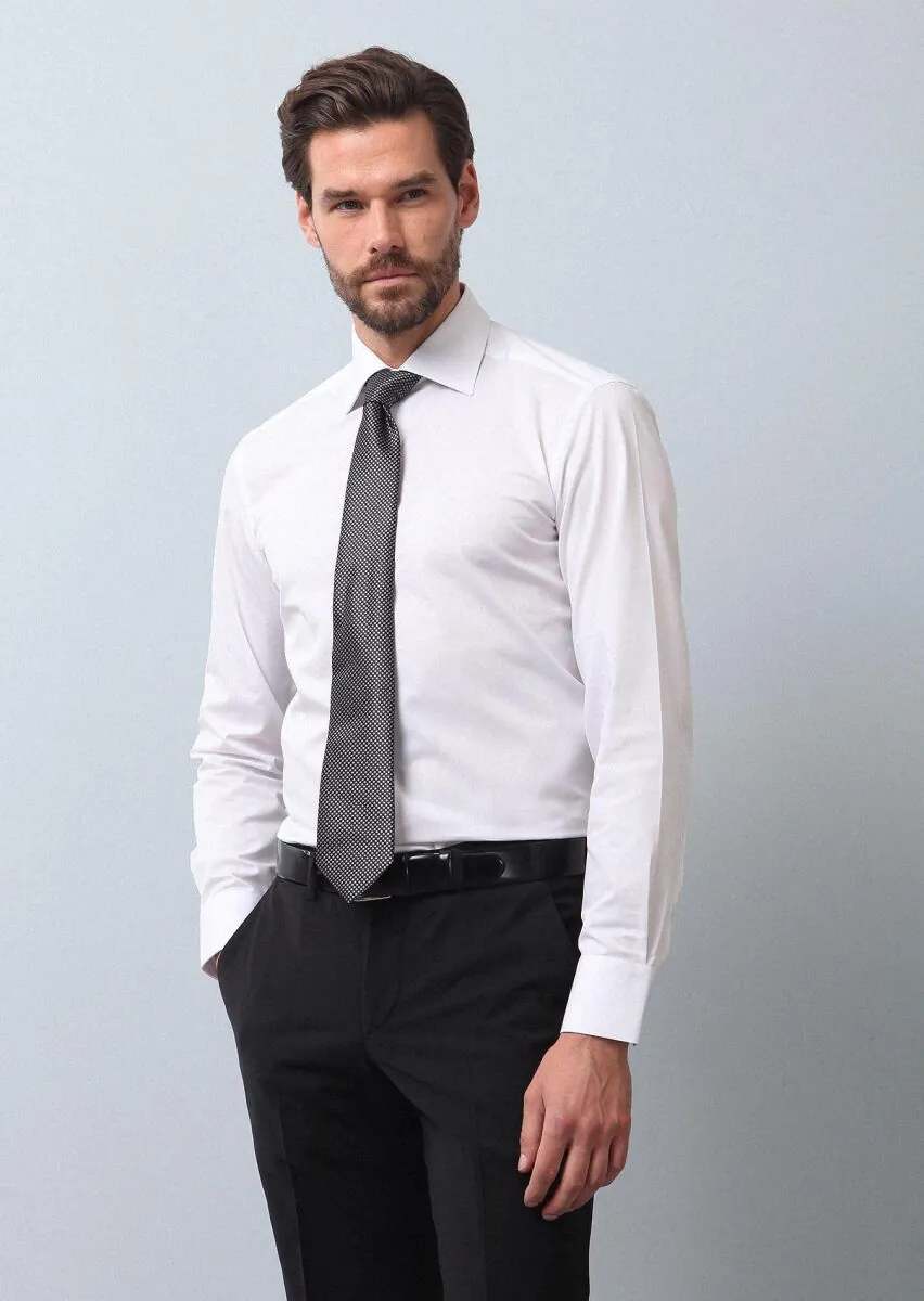 White Plain Slim Fit Weaving Classical Cotton Blended Shirt - 4
