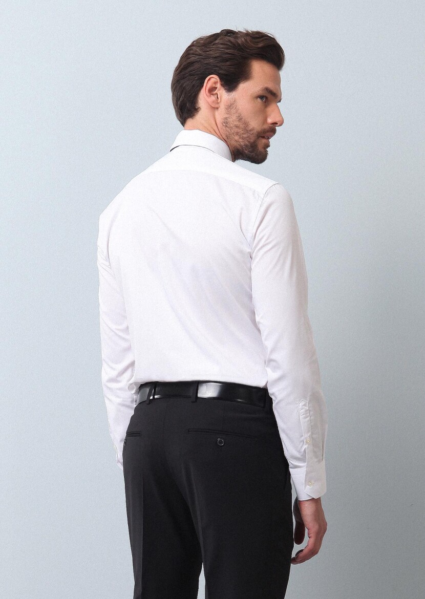 White Plain Slim Fit Weaving Classical Cotton Blended Shirt - 5
