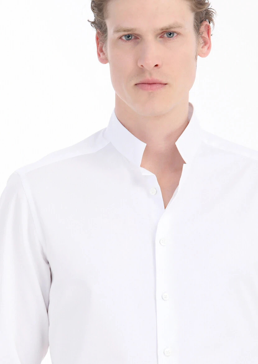 White Plain Slim Fit Weaving Classical Cotton Blended Shirt - 4
